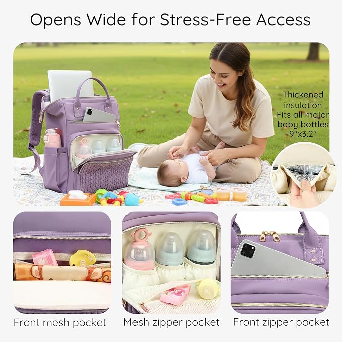 AIJIEKE Large Diaper Bag Backpack, Extra Wide Travel Diaper Bag, Purple | ulti-functional waterproof maternity bag. Changing pad, stroller straps, insulated wet/dry pocket. Mom, dad, toddler travel - Image 5