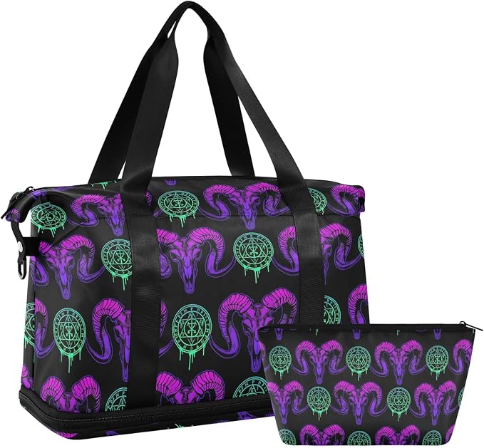 MNSRUU Mystical Ram Skull Sports Duffel Bag with Wet Pocket, Weekender Overnight Bag for Women Men, Gym Bag, Carry On Bag, Hospital Bag for Labor and Delivery - Image 7