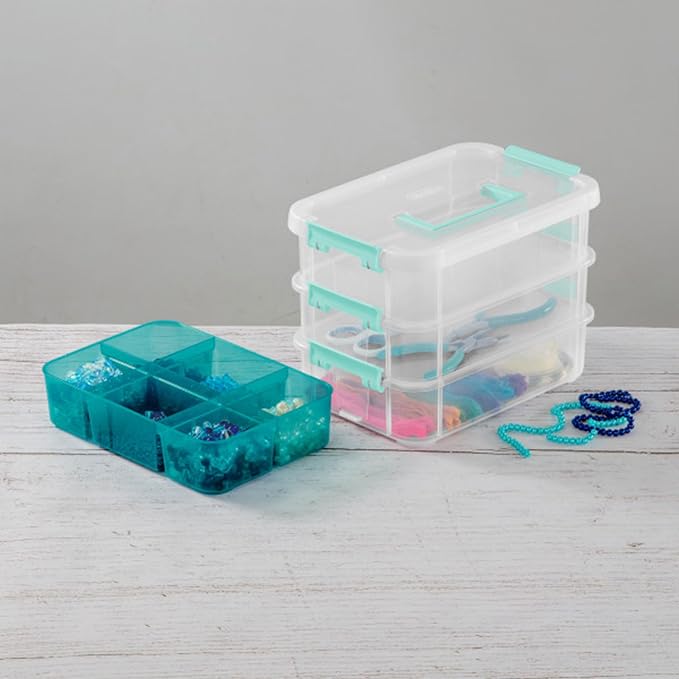Sterilite 12 Pack Plastic Storage Box Container, 3 Layer, Stack and Carry, Clear/Blue - Image 9