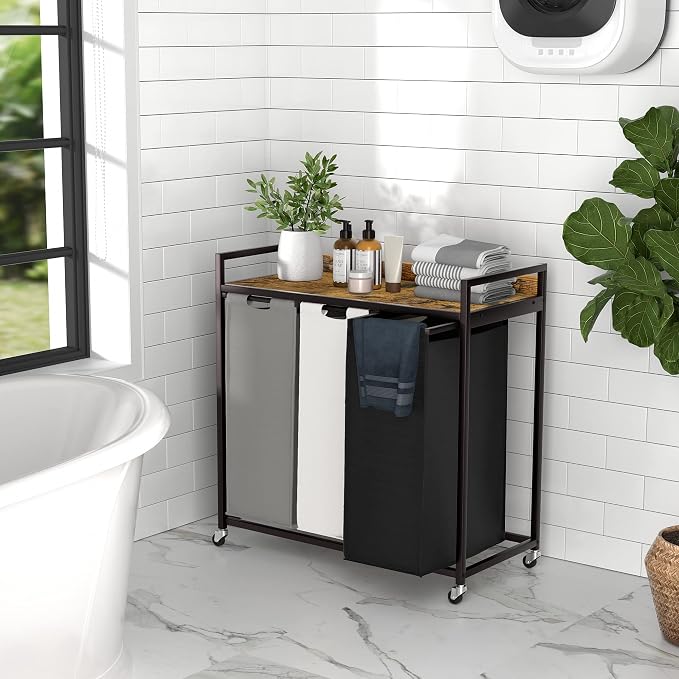 Herture Laundry Hampers with Shelf, Laundry Basket 3 Section, Laundry Sorter with Pull-Out Removable Large 3 Color Bags and Movable Wheels, Metal Frame, 3 x 15.87 Gallons (60L), Rustic Brown PF04XLN - Image 5