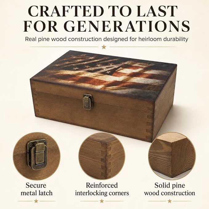 Rustic Flag Wooden Keepsake Box, Large Memory Box for Keepsakes, Decorative Storage Box for Memories, Jewelry, & Photos, Memorial Boxes for Men & Women - Image 2