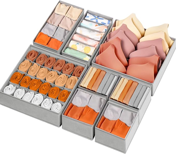 Drawer Organizer Clothes, 8 Pack Dresser Organizer Bins for Baby Clothes, Underwear Sock, Fabric Closet Organization and Storage Dividers for Nursery Bedroom (48 Compartments, Grey) by Criusia