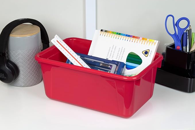 Storex Small Cubby Bins – Plastic Storage Containers for Classroom with Non-Snap Lid, 12.2 x 7.8 x 5.1 inches, Red, (62407U05C) (Pack of 5) - Image 3
