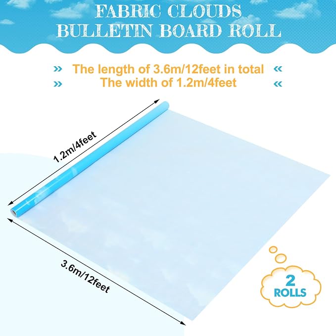 Kolldenn 2 Rolls Blue Sky Clouds Fabric Bulletin Board Paper Roll 4 x 12 ft Extra Large Non Woven Waterproof Roll Fade Resistant for DIY Craft Drawing Painting Classroom Decor - Image 2