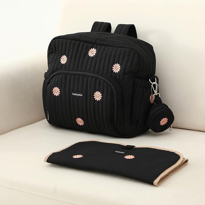 Diaper Bag Backpack with Changing Pad - Travel Baby Bag, Insulated Bottle Pockets, Stroller Straps (Medium - Black Flowers) - Image 2