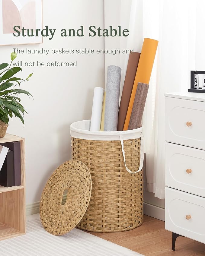 SETVSON Laundry Basket with Lid Round 29.1 Gal PE Rattan, Natural | Family Clothes & Blanket Trunk with Lid, Removable Liner Bag with Handles, 2 Mesh Wash Bags, Collapsible Steel Frame - Image 6