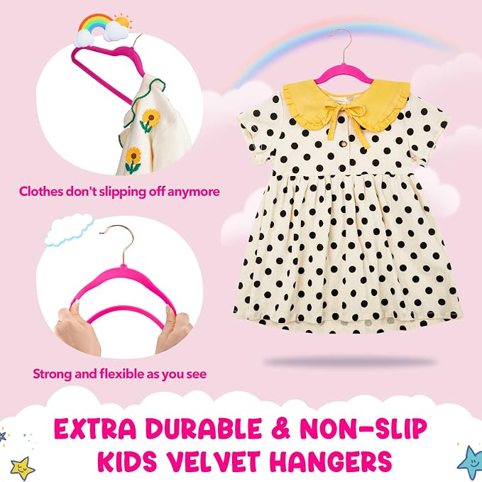 HOUSE DAY Velvet Kids Hangers 60 Pack, Premium Childrens Hangers for Closet | Hot Pink Ultra Thin Cute Non Slip Kid Felt Clothes Hanger 14 Inch, Small Hanger for Toddler Clothes +360° Rose Gold Hook - Image 4