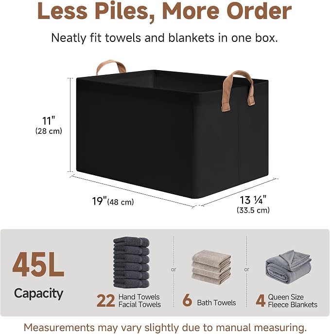 StorageWorks Fabric Storage Bins, Linen Closet Organizers, Black, 2-Pack | 45L, With Reinforced PU Handles, Metal Frame, Collapsible, Storage Basket for Shelves, Closet, Holds Clothes, Towels, Blanket - Image 6