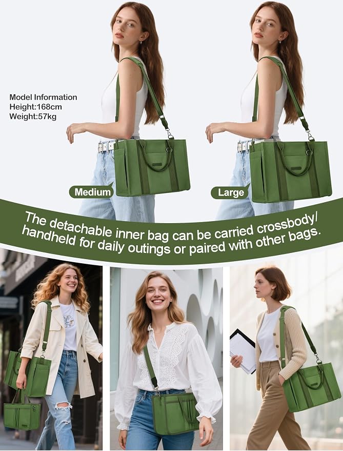 BESBESME Women’s Canvas Tote Bag with Zipper and Compartments – Multi-Pocket Laptop Work Crossbody Shoulder Tote Purse - Image 5