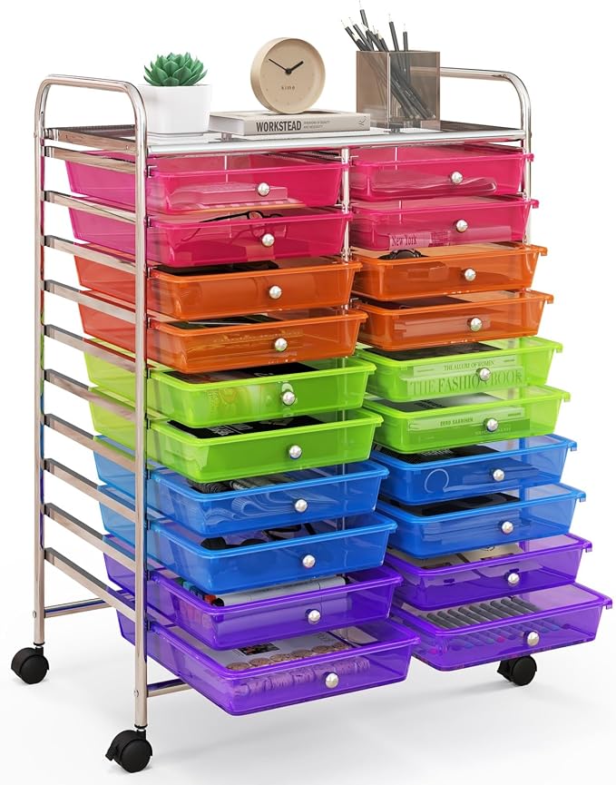 RELAX4LIFE 20 Drawer Rolling Storage Cart, Mobile Rolling Cart w/Drawers for School Classroom Teacher Office Home Salon, Paper File Art Supply Craft Organizer, Utility Cart on Wheels (Rainbow) by RELAX4LIFE