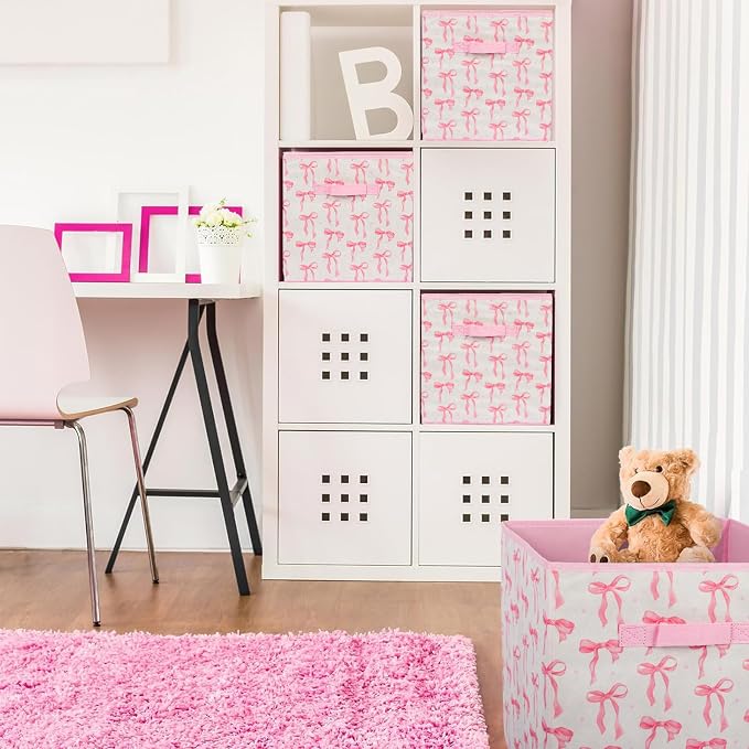 6 Pcs Pink Bow Cube Storage Bins 12.5 Inch Pink Storage Basket with Handle, Preppy Girls Organizer Basket, Collapsible Fabric Box for Classroom Bedrooms Office Home Decoration (Bow) - Image 4