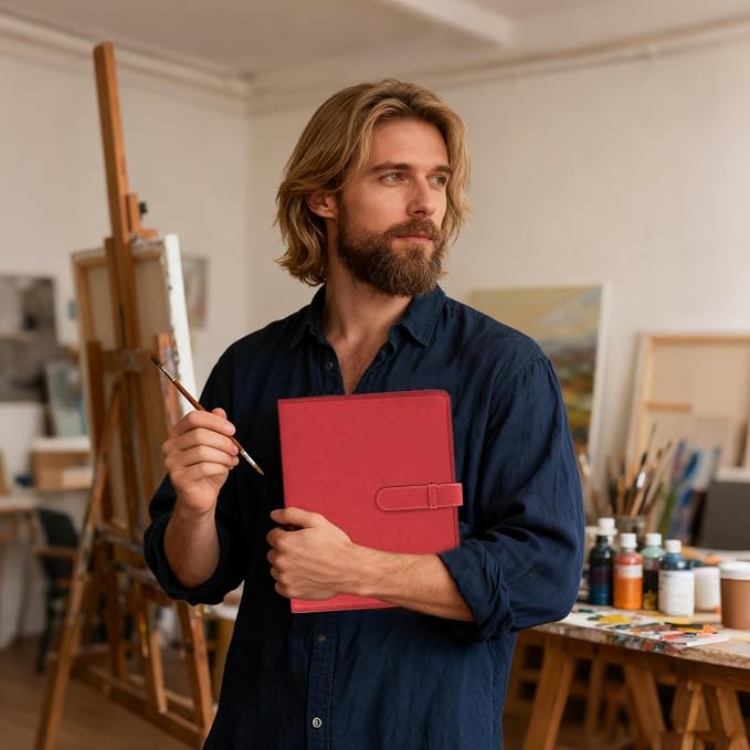 Plinyvel Red Leather Sketchbook Cover 5.5x8.5, Travel Drawing Portfolio | Portable sketch kit organizer, pencil holder, Fits 5.5x8.5 Sketch Book, Spiral Pad, Compact artist storage case - Image 7