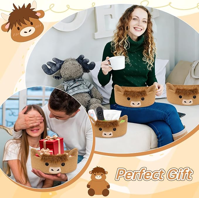 3 Pcs Oval Highland Cute Cow Basket for Nursery,Woven Rope Gift Basket | Soft Cotton Decorative Storage for Gifts Empty, Baby Shower Blanket 0rganizer Shelves Towel Bins, 12" D x 5" H - Image 7