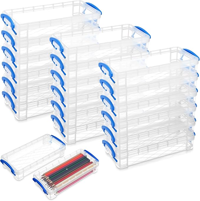 Gueevin 24 Pcs Large Capacity Plastic Pencil Box Clear Plastic Pencil Case Crayon Box with Snap Tight Lid Watercolor Pen Storage Brush Organizer Drawing Tools Container (Blue) by Gueevin