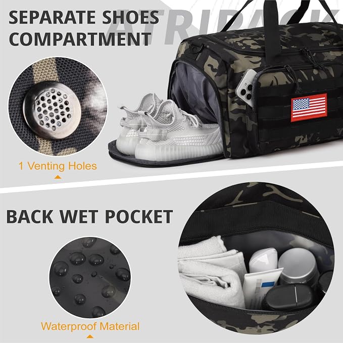 Tactical Gym Bag for Men, 40L Duffle Bag with Shoes Compartment for Travel | Water-Resistant Sports Weekender Bag with Adjustable Shoulder Strap Wet Pocket for Gym,Travel,Hiking,Camping Overnight Trips - Image 7