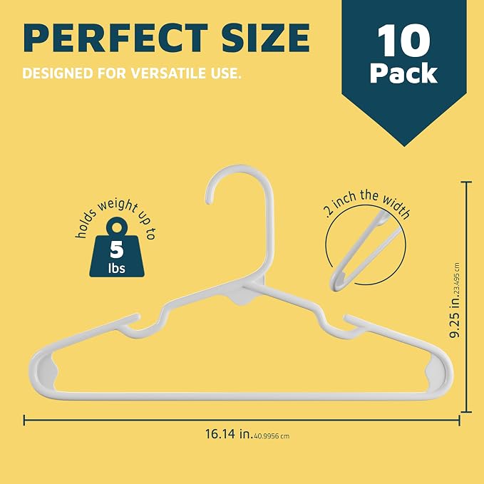 Lifemaster Plastic Kids Clothes Hanger – Children Clothes Hanger with Shoulder Notch, 11.6 Inch Space-Saving Closet Organizer for Baby, Toddler, and Kids Clothing, Hold Up to 5 lbs, Pack of 10, White - Image 2