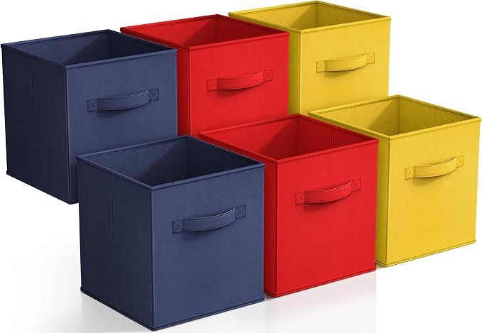 Sorbus Storage Cubes - 11" Foldable Storage Bins with Handle for Nursery, Playroom, Closet Organizers and Storage - 6 Fabric Shelf Basket for Toys, Books, Clothes - Yellow Navy & Red Storage Bins by Sorbus