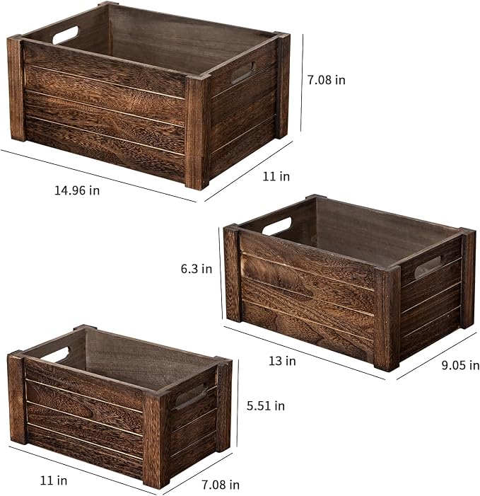Large Vintage Brown Wooden Crates For Storage,Nesting Handmade Solid Wood Vintage Black Wood Storage Boxes.Storage Crates For Organizing. - Image 6