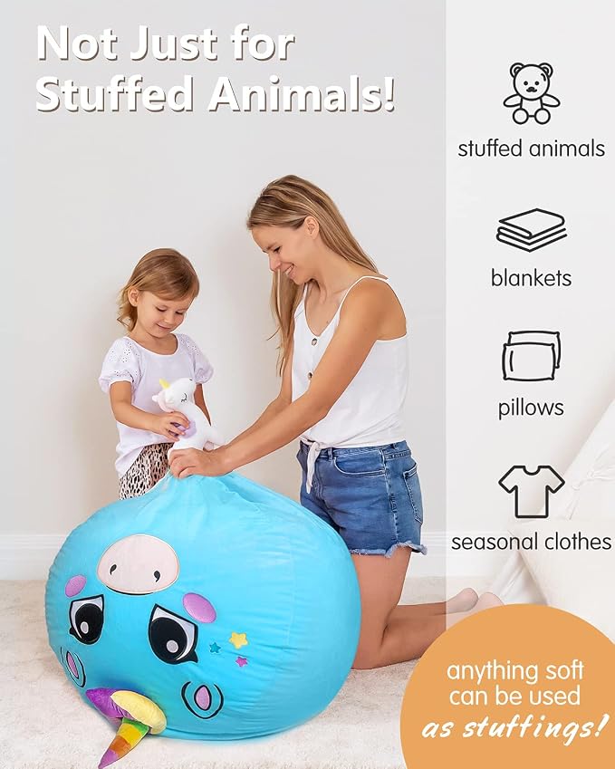 Aubliss Stuffed Animal Storage, Velvet Bean Bag Chairs Cover, Large 32" | Ultra Soft Kids Toy Storage Organizer for Blankets Towels Clothes, Blue Big Eyes - Image 4