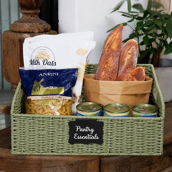 Pantry Organizers, Handwoven Large Wicker Baskets for Shelves, Labeled Storage Baskets for Organizing with Handles - Paper Storage Bins for Shelves, 3 Pack, Green - Image 6