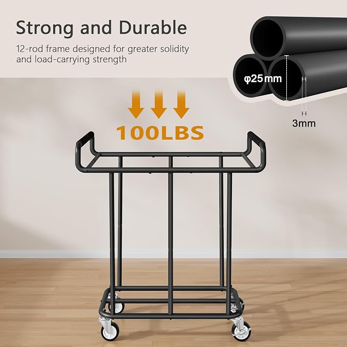 Gewudraw Medium Laundry Hamper with Wheels, 250L, Black | Rolling Laundry Basket, Heavy Duty Rolling Laundry Cart with Handle, Steel Frame, Waterproof Liner, 66 Gallons - Image 4
