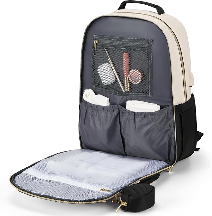 Diaper Bag Backpack, Quilted Baby Bag with Changing Pad & Stroller Straps & Pacifier Case, Multifunction Waterproof Travel Diaper Bags, Unisex, Black Beige - Image 6
