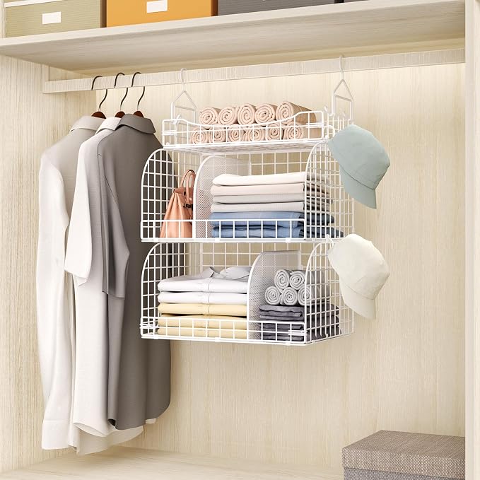 HapiRm Hanging Closet Organizer Storage - 3 Tier Metal Stackable Hanging Closet Shelves with Dividers and S Hooks, Foldable Clothes Shelves for Clothes, Pants, Shoes, Coat, Hats Clutches Accessories - Image 4