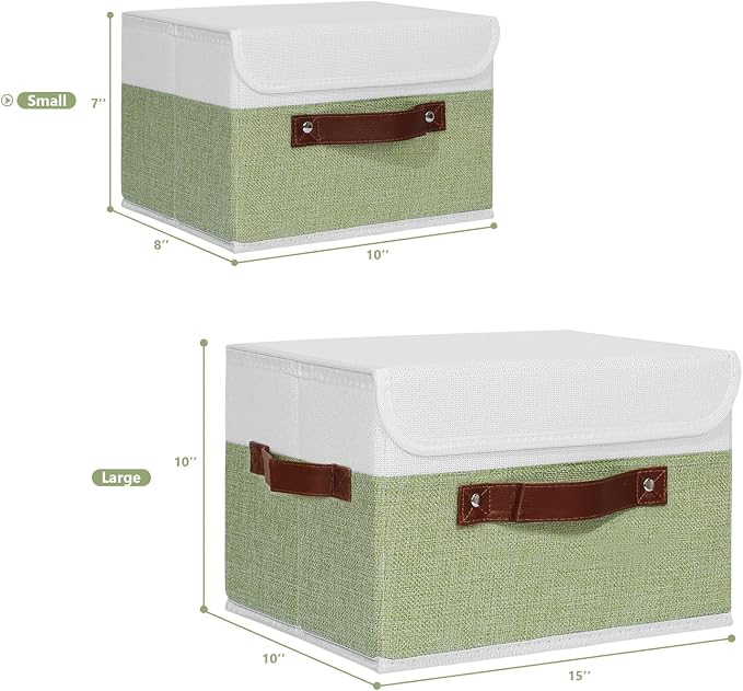 ANMINY Fabric Storage Box Bins with Lids, Green White, 10"x8"x7", 2 Pack | Keepsake Memory Storage, Cotton Linen, PP Board Reinforced, Washable, PU Handles, Foldable & Stackable, Decorative, Small - Image 5