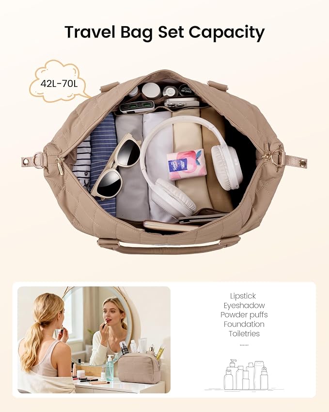 LOVEVOOK Travel Duffel Bag - Versatile Weekender Bag for Women, Puffer Carry On & Overnight Bag for Short Trips, White/Nude - Image 4