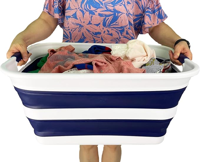 SAMMART Collapsible Plastic Laundry Basket with Handle/Foldable Pop Up Storage Hamper/Portable Laundry Organizer-Space Saving Washing Tub/Household Storage (White/Starry Blue, 42L (Set of 2)) - Image 7