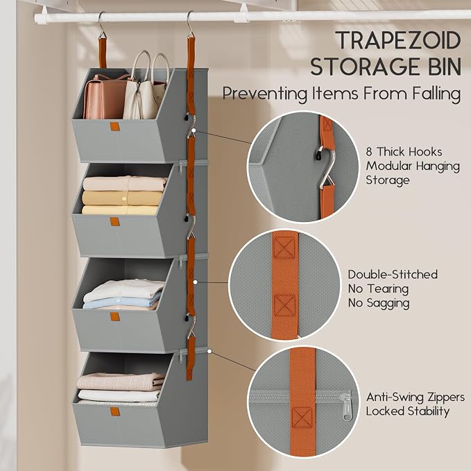 Hanging Closet Organizer 4 Tier - Clothes Hanging Shelves, Space-Saving Closet System, Fabric Storage Bins Bedroom Organization, Collapsible Baskets for Home, Dorm, Rv, Grey, 8 Pack - Image 2