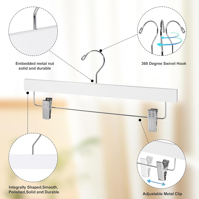 Quality Hangers Wooden Pants Hangers - 120-Pack Swivel Hook Cloth Hanger Set - Lotus Wood Skirt, Pant, Shorts and Slack Hangers with Adjustable Clip – Clothing Hanger Set (White - Chrome Hook, 120) - Image 2