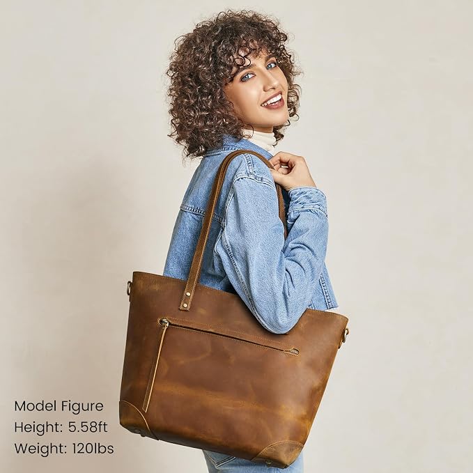 S-ZONE Vintage Genuine Leather Shoulder Bag Work Totes for Women Large | Top Grain Leather, Purse Handbag, Fits Laptop Documents, Luggage Sleeve, Multi Pockets, Work Travel Everyday - Image 2