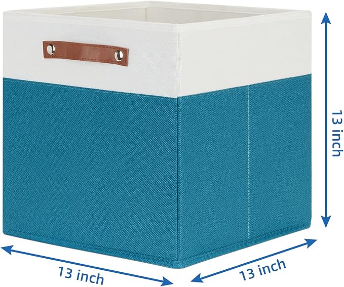 Temary Cube Storage Bins Storage Cube Bins for Home, 4 Pack Fabric Storage Bins for Organization, Storage Cubes 13x13 Cube Baskets with Leather Handles (White&Teal) - Image 2