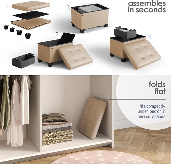 Storage Ottoman Cube with Small Bin, 16-in Square Ottoman with Storage for Living Room and Bedroom, Small Ottomans Foot Rest, Leather Foot Stools Ottomans Max 330lbs, Taupe - Image 9