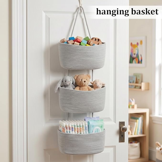 TeoKJ Over the Door Hanging Basket, 3-Tier Woven Cotton Wall-Mounted Storage Organizer Bag Decorative Hanging Nursery Baskets, Gray - Image 4