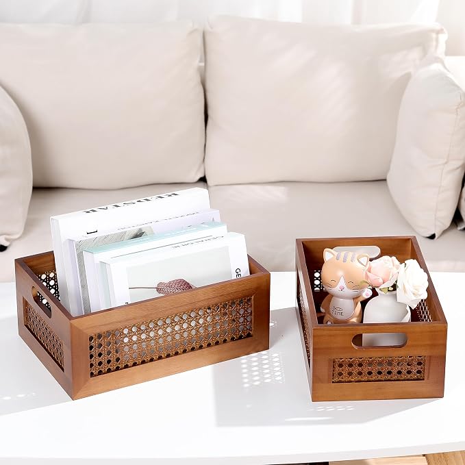 Rattan Wooden Box Set of 4 Handmade Decorative Storage Basket with Handles | Natural Bamboo Woven Storage Basket Rustic Farmhouse Decor Home Office Tabletop Shelf Drawer Closet Desk Organizer, Brown - Image 7