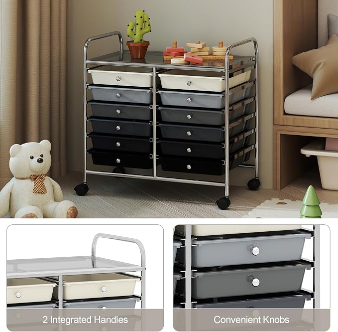 RELAX4LIFE 12-Drawer Rolling Storage Cart - Mobile Utility Cart on Wheels for School Classroom Teacher Office Salon, Paper File Art Supply Craft Organizer, Rolling Cart with Drawers (Gradient Black) - Image 6