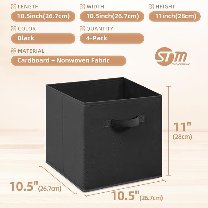 STORAGE MANIAC Storage Cubes, 11 Inch Collapsible Storage Bins with Handles, 4 Pack Fabric Foldable Bins for Organization, Durable Storage Bins for Closet, Shelves, Offices, 4-Pack Black - Image 2