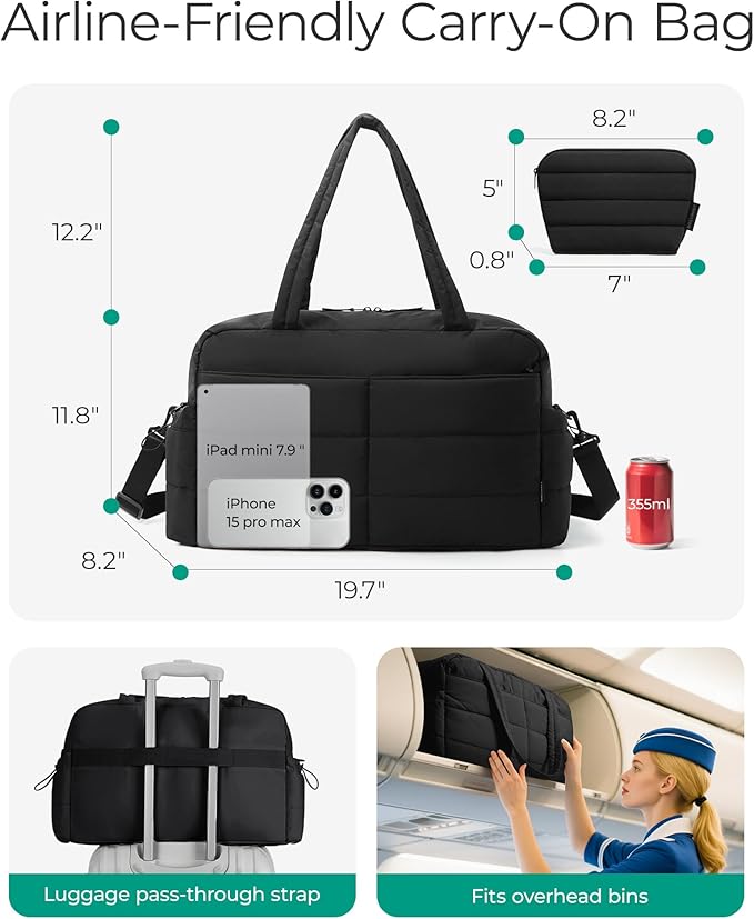 BAGSMART Gym Bag for Women, Lightweight Puffer Duffle Bag 2-PC Travel Bag, 31L Weekender Overnight Bag Quilted Carry On Tote Bag, Diaper Hospital Dance Bag for Travel, Gym, Water Resistant, Black - Image 4