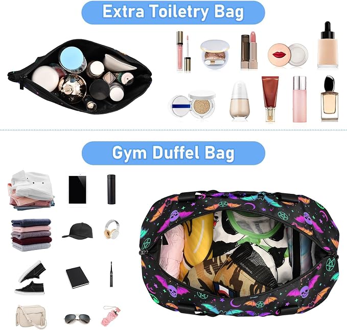 Travel Duffel Tote Bag Magic Skulls Bat and Animal Sports Duffel Bag with Wet Pocket Weekender Overnight Bag for Women Men Gym Bag, Carry On Bag Hospital Bag for Labor and Delivery - Image 3