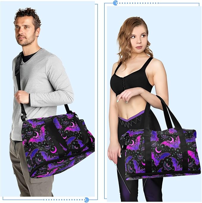 Travel Duffel Tote Bag Purple Bat Gothic Sports Duffel Bag with Wet Pocket Weekender Overnight Bag for Women Men Gym Bag, Carry On Bag Hospital Bag for Labor and Delivery - Image 5