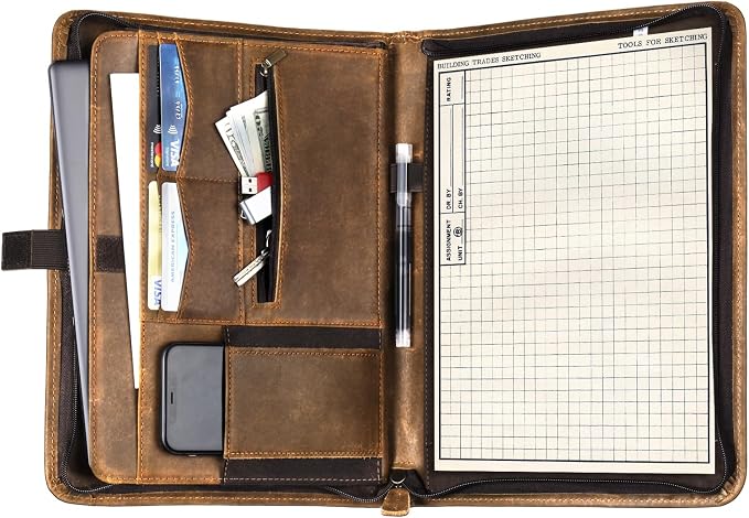 Genuine Leather Portfolio, Professional Padfolio Binder Organizer with Zipper, Stylish Brown Cowhide Padfolio for Men Women, Leather Folio Folder for Business, Legal A4/Pad Holder Compatible by CARPETENE