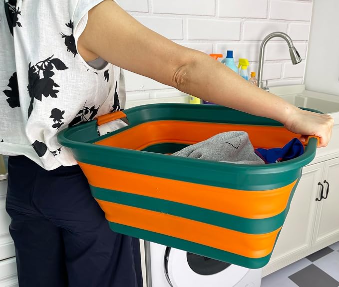 SAMMART Collapsible Plastic Laundry Basket with Handle/Foldable Pop Up Storage Hamper/Portable Laundry Organizer-Space Saving Washing Tub/Household Storage (Teal Green/Autumn leaf, 42L (Set of 2)) - Image 4