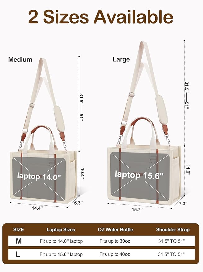 BESBESME Women’s Canvas Tote Bag with Zipper and Compartments – Multi-Pocket Laptop Work Crossbody Shoulder Tote Purse - Image 6