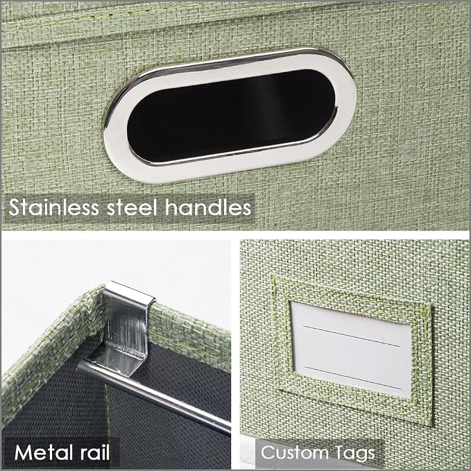 File Organizer Box - Set of 1 Collapsible Decorative Linen Filing Storage Hanging File Folders with Lids Office Cabinet Letter Size Green (14x9.3x10.8 inch) - Image 5