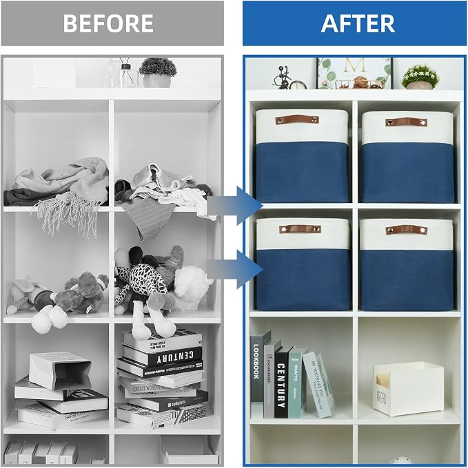 Temary Fabric Storage Cubes 4Pack Blue Fabric Storage Baskets 12 Inch Cube Storage Bins with Handles for Organizing Closet (White&Blue) - Image 6