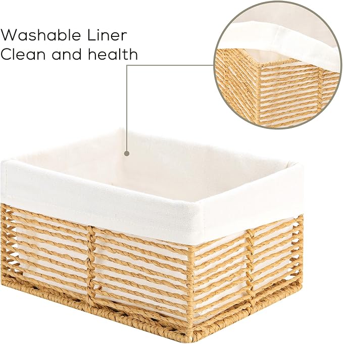Wicker Storage Basket, Hand-Woven Paper Rope Wicker Baskets, Rectangular Small Wicke Baskets for Organizing, Cube Storage Bins for Closet/Clothes/Dresser, Natural, 5-Pack - Image 3