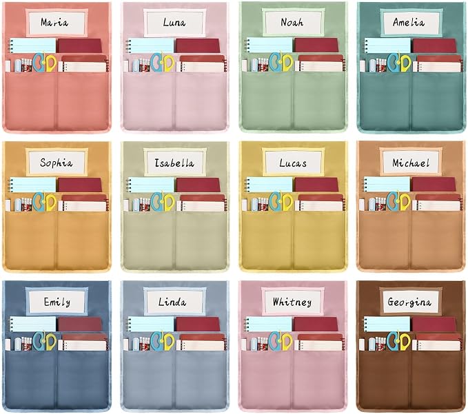 12 Pcs Chair Pockets for Classroom 16.7 x 19.3 inch Seat Sacks with Name Tag for Classroom Chairback Pocket Chart 3 Pockets Chairs Seat Back Organizer for Elementary School Daycare Home Supplies(Boho) by gisgfim