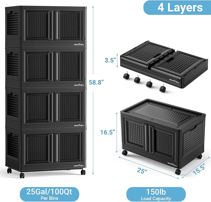 BROVIEW 400Qt Stackable Storage Bins with Lids, 100Gal Closet Organizers and Storage Drawer, Plastic Collapsible Storage Bins with Doors, Heavy Duty Store Box Cabinet for Home Kitchen, 4Pack Black - Image 2